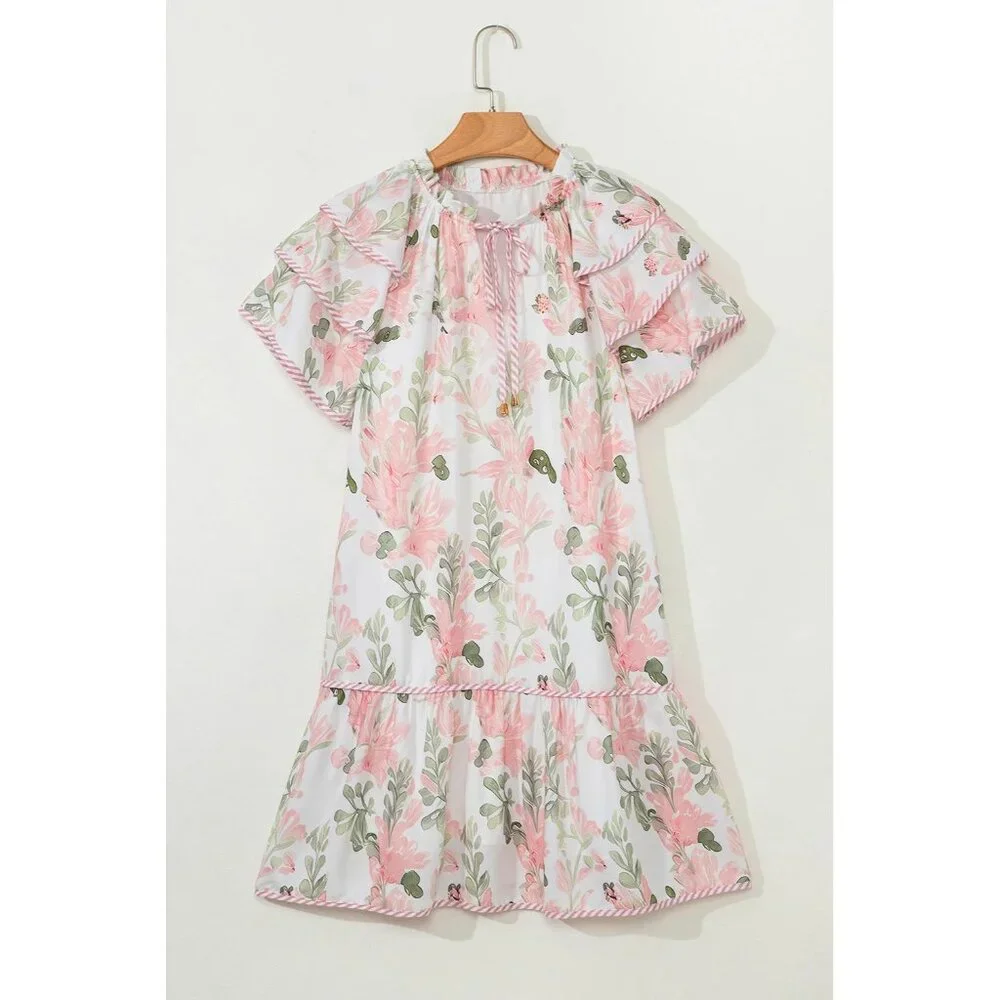 Pink Floral Contrast Edge Layered Short Sleeve Mini Dress Size XL - Picture 3 of 4